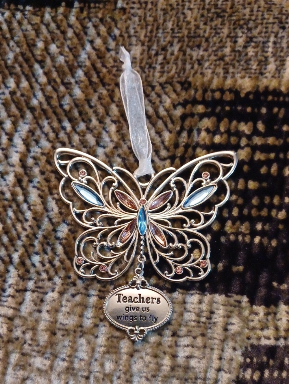 4/$60 Silver Butterfly Teachers Ornament with Blue and Pink Accents